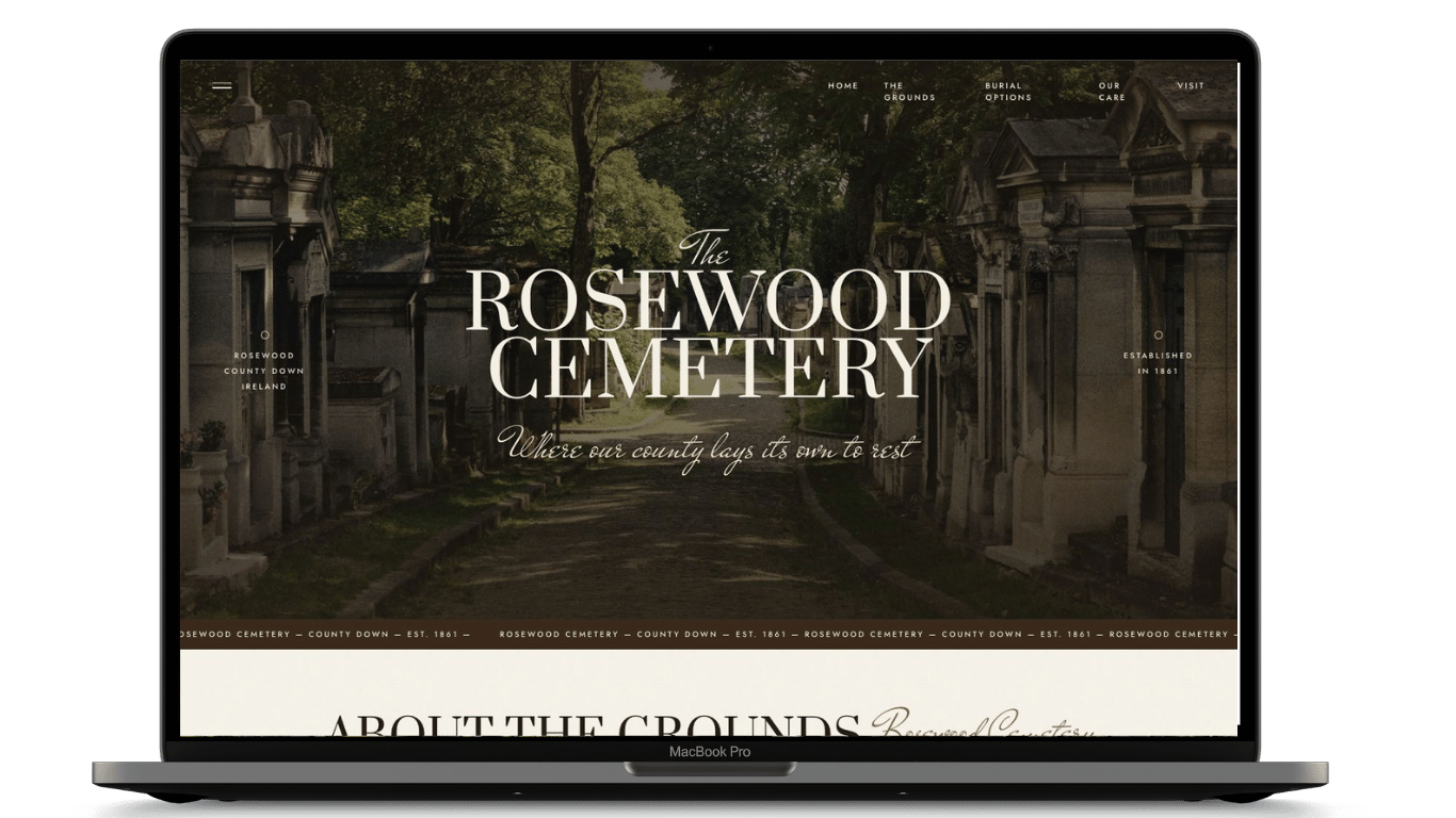 The Meadow cemetery website template on a laptop, showing a natural burial ground homepage.