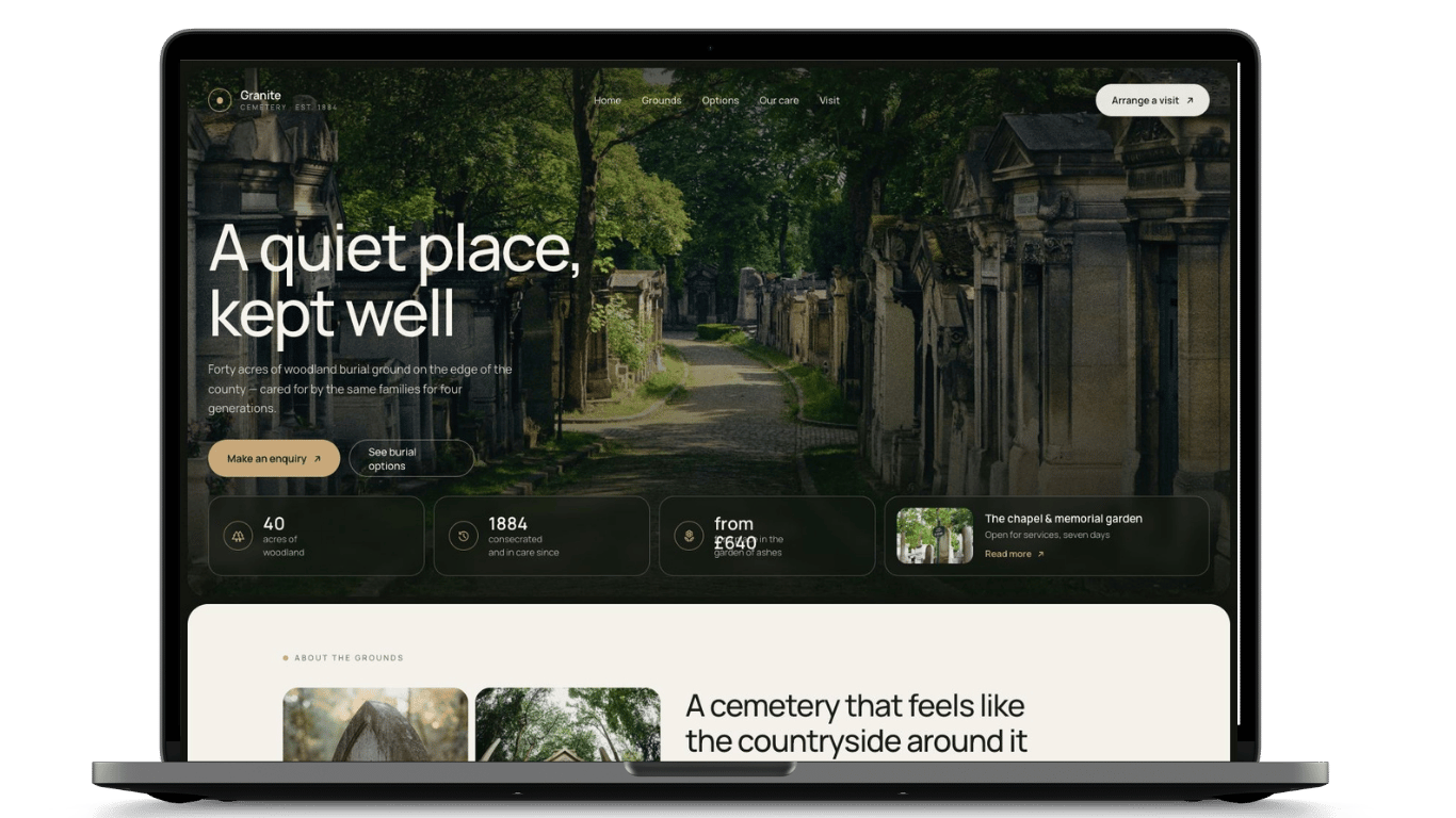 The Meadow cemetery website template on a laptop, showing a natural burial ground homepage.
