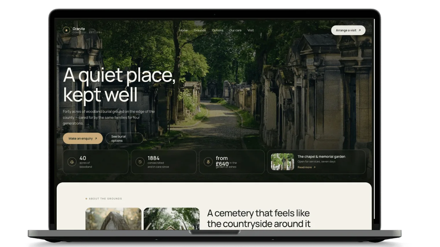 The Granite cemetery website template on a laptop, showing a modern woodland burial ground homepage.