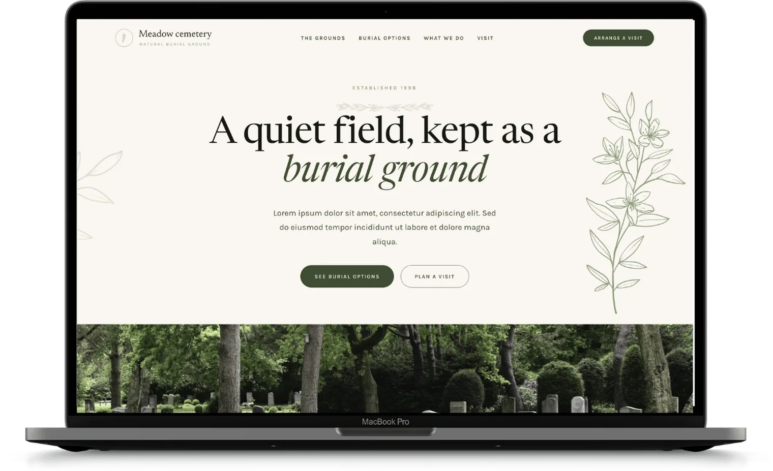 The Meadow cemetery website template on a laptop, showing a natural burial ground homepage.