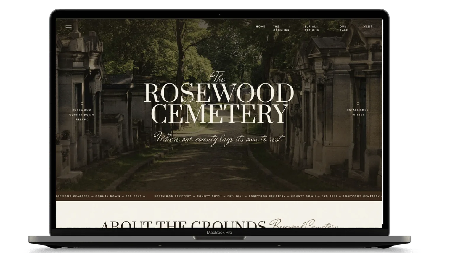 The Rosewood cemetery website template on a laptop, showing a Victorian burial ground homepage.