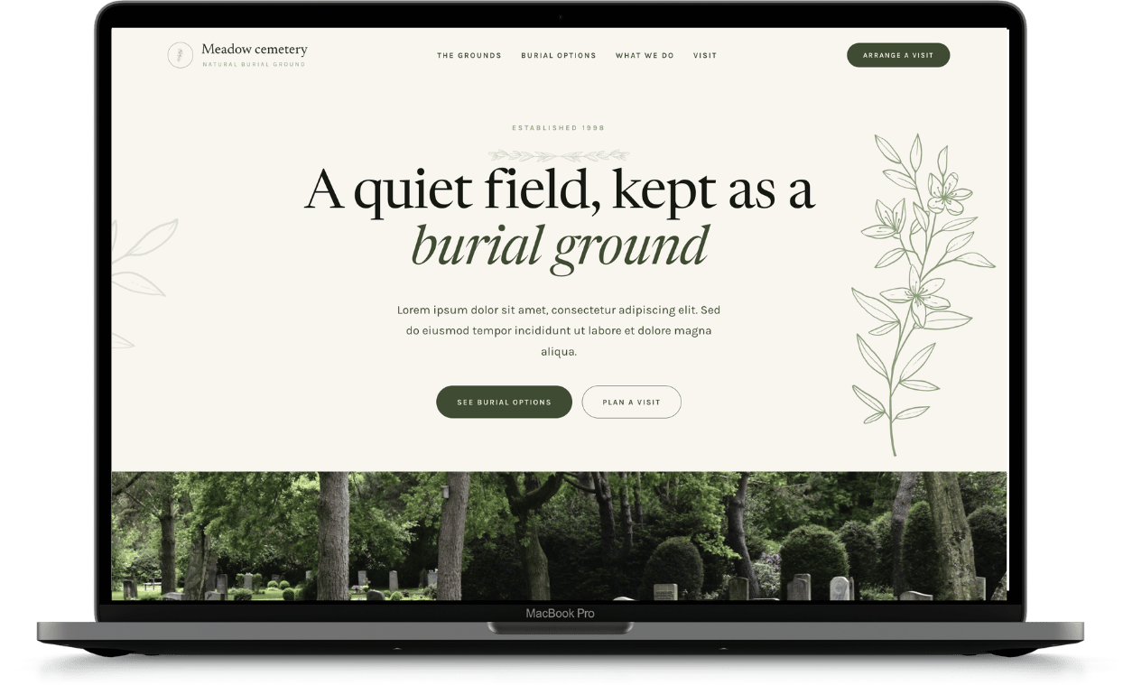 The Meadow cemetery website template on a laptop, showing a natural burial ground homepage.